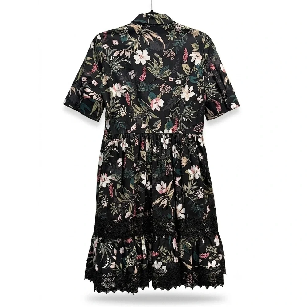 Kate Spade Floral Lace Trim Shirt Dress Black Botanical Short Sleeve Mini Size 4